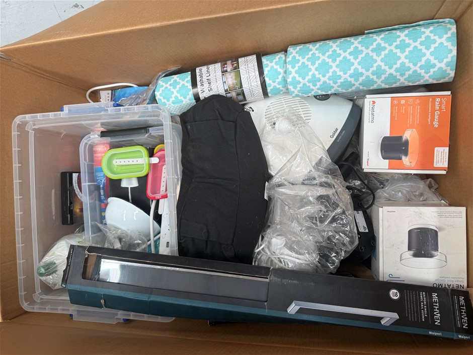 Assorted Box of Homeware Items incl: Smart Rain Gauge, Goldair and more. N