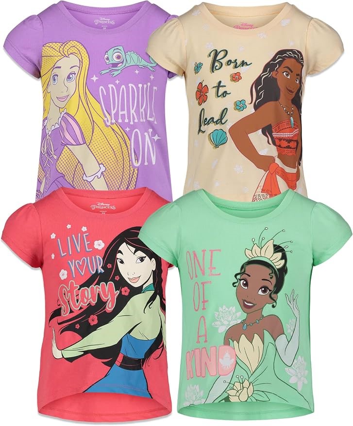 4pk x DISNEY PRINCESS Girl's T-Shirts, Size 2T, Rapunzel/Moana/Mulan/Tiana,