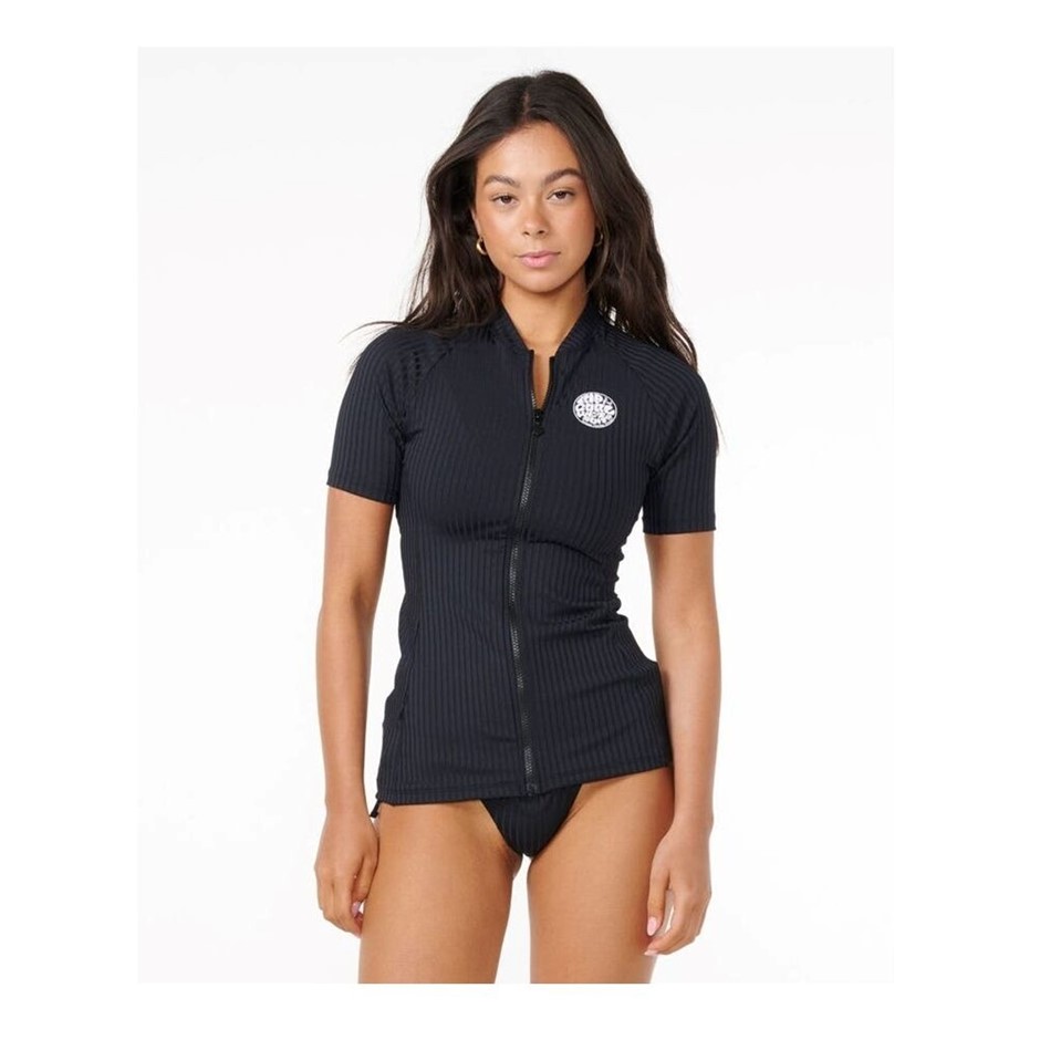 RIP CURL Women's Premium Surf Zip Through Short Sleeve Rash Vest Surf Suit,