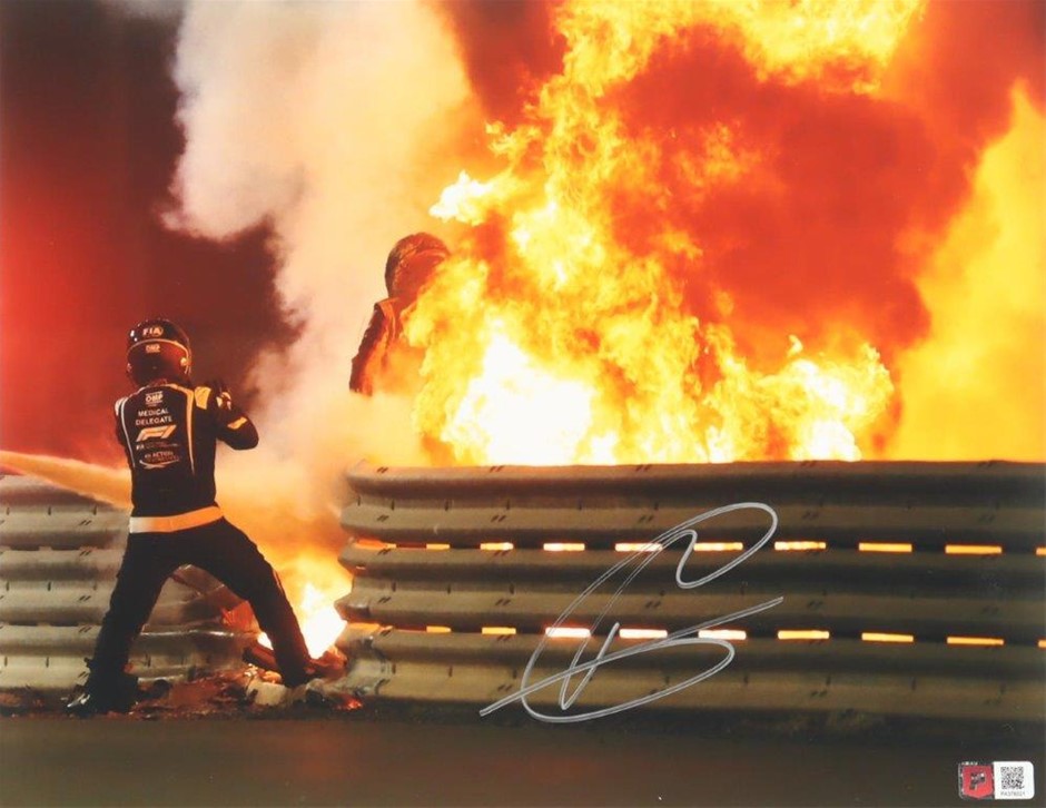F1 DRIVER ROMAIN GROSJEAN SIGNED INFAMOUS CRASH PHOTO
