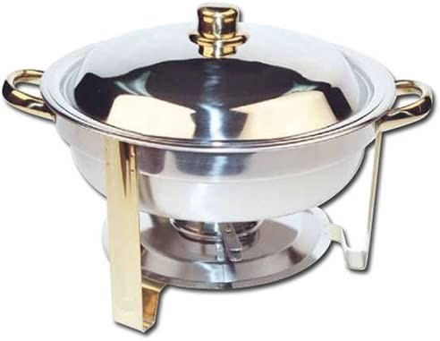 WINCO Winware 4 Quart Round Stainless Steel Gold Accented Chafer. NB: Sligh