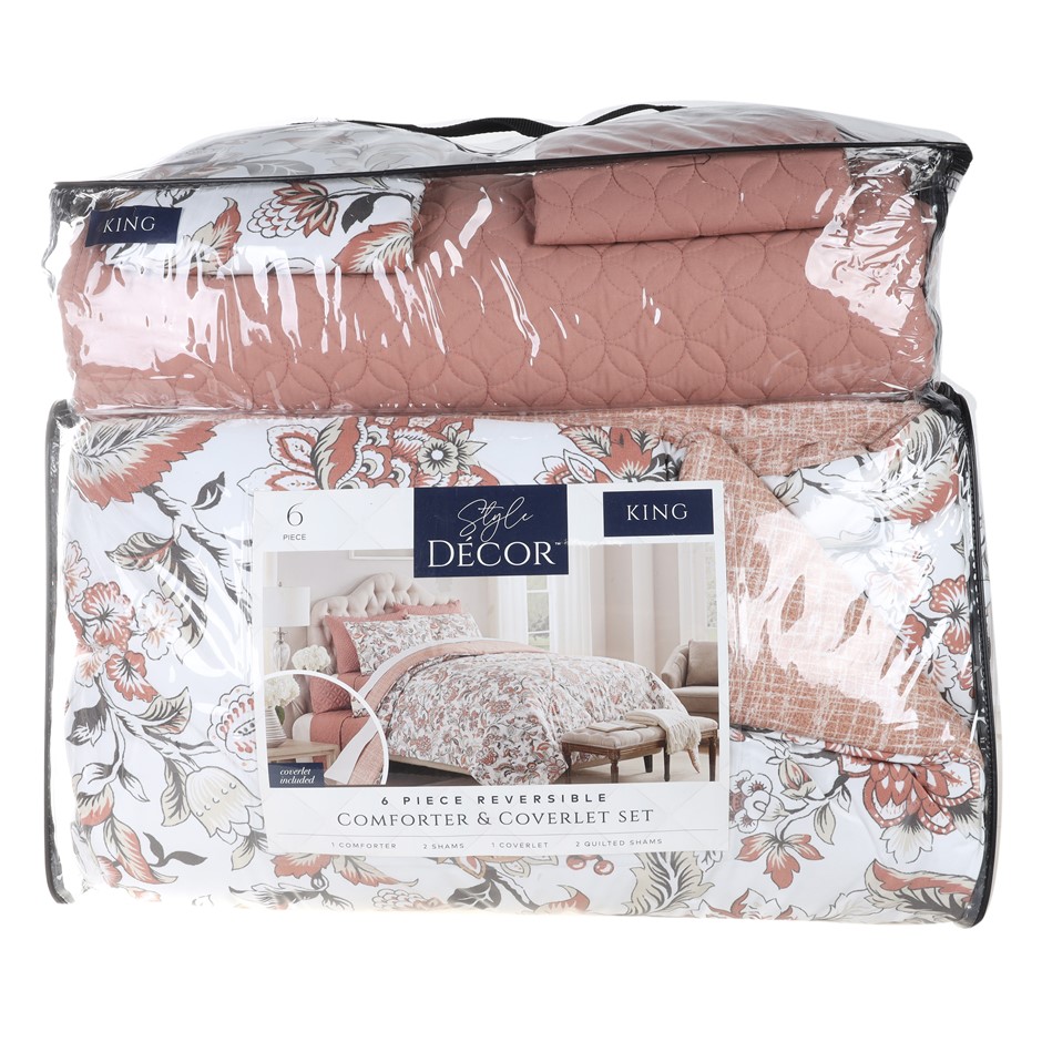 STYLE DECOR 6pc Reversible Comforter & Coverlet Set, King, White/Pink.