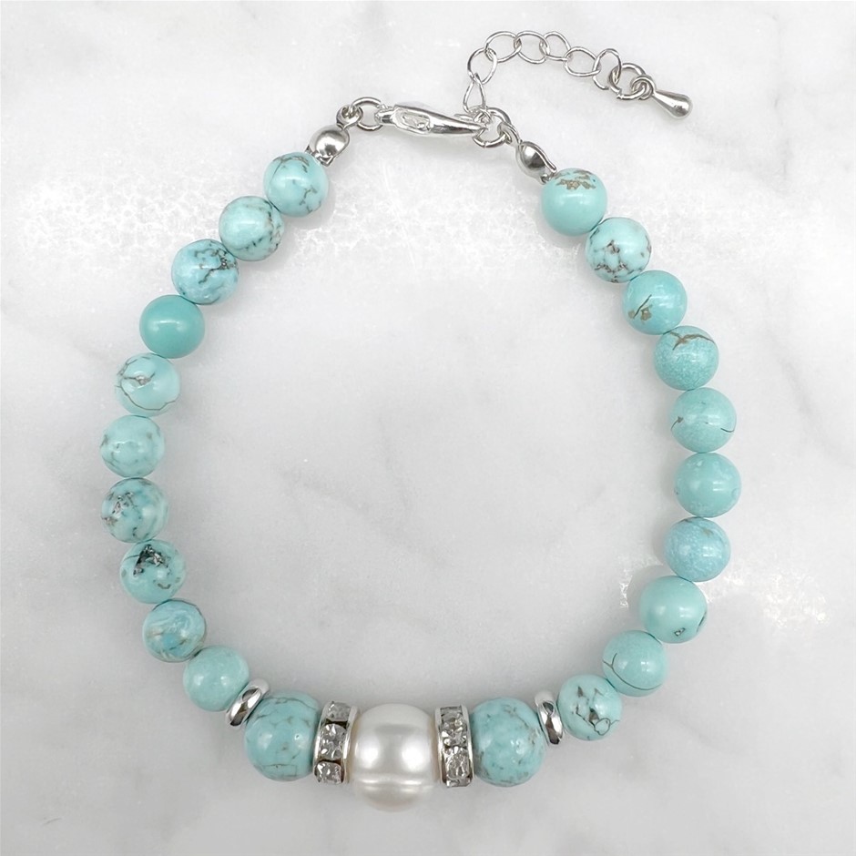 Turquoise with 9-10mm Pearl & Rhinestone Platinum Plated Bracelet
