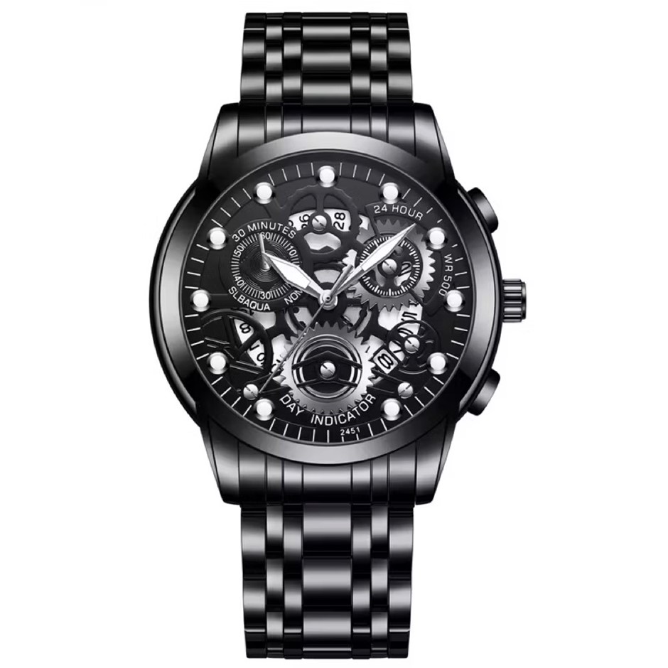 Men's Quartz Watch, Skeleton Design & Mechanical Style, Black