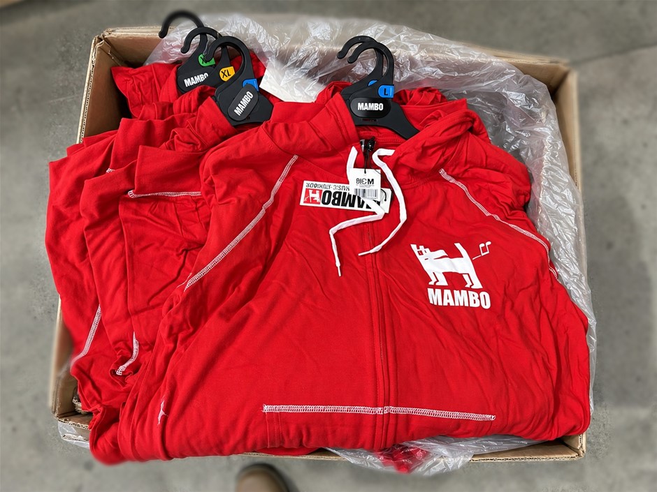 BOX of Mambo Red Zip-Up Hoodies – Assorted Sizes M, L & XL NB: photo as is