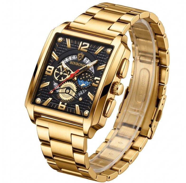 Jewelz Merchants Luxury Men’s Gold-Tone Square Watch – Black Multi-Function