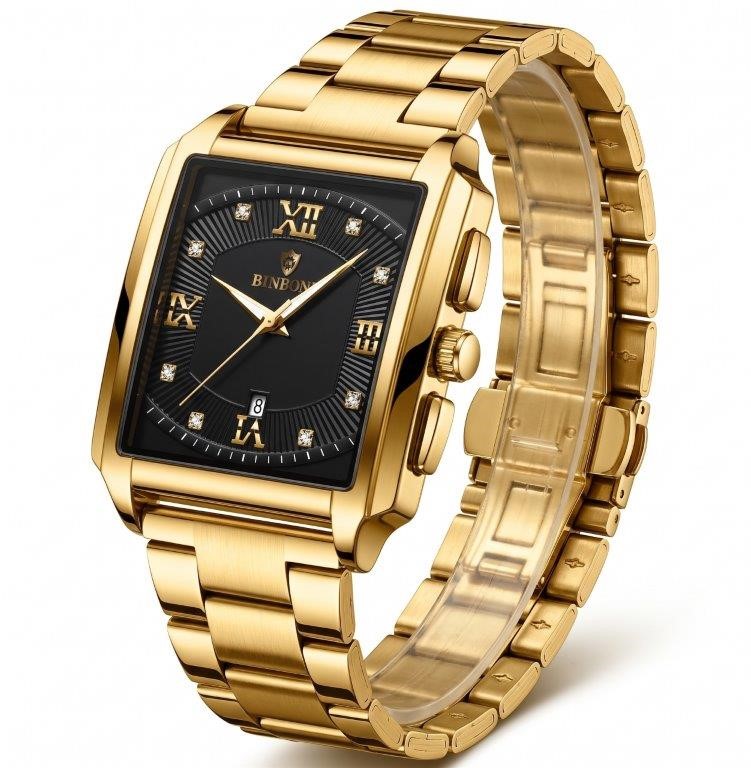 Jewelz Merchants Luxury Men’s Gold Watch – Black Dial, Roman Numerals,