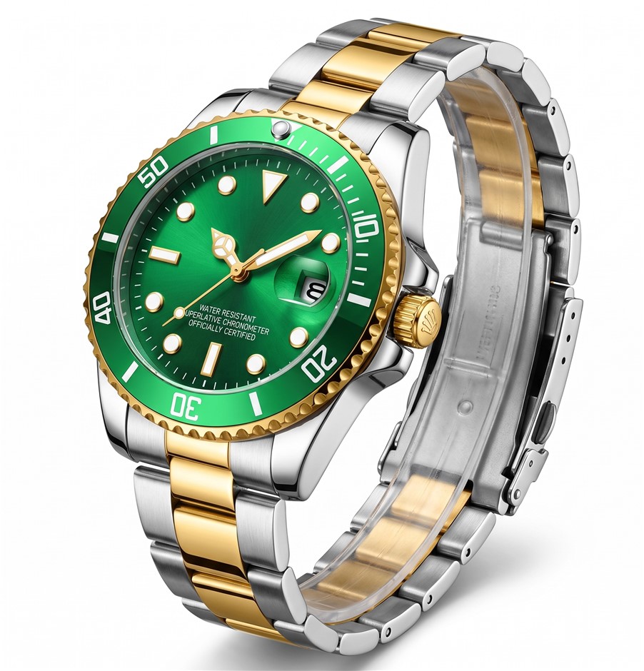 Jewelz Merchants Luxury Men’s Two-Tone Watch – Green Dial, Gold & Silver