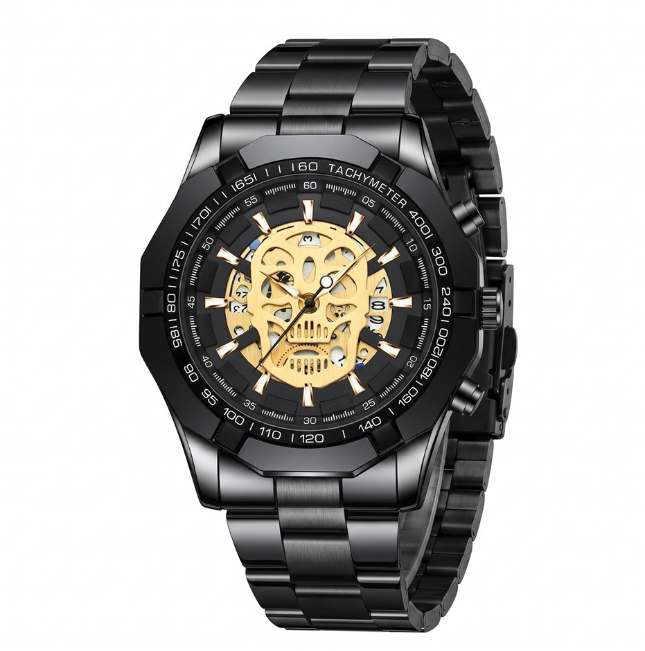 Jewelz Merchants Men’s Black Skull Watch – Gold Skull Dial, Waterproof