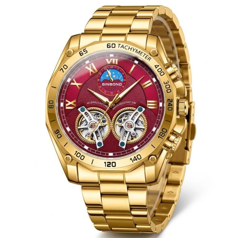 Jewelz Merchants Men’s Luxury Gold-Tone Automatic Watch – Red Dial