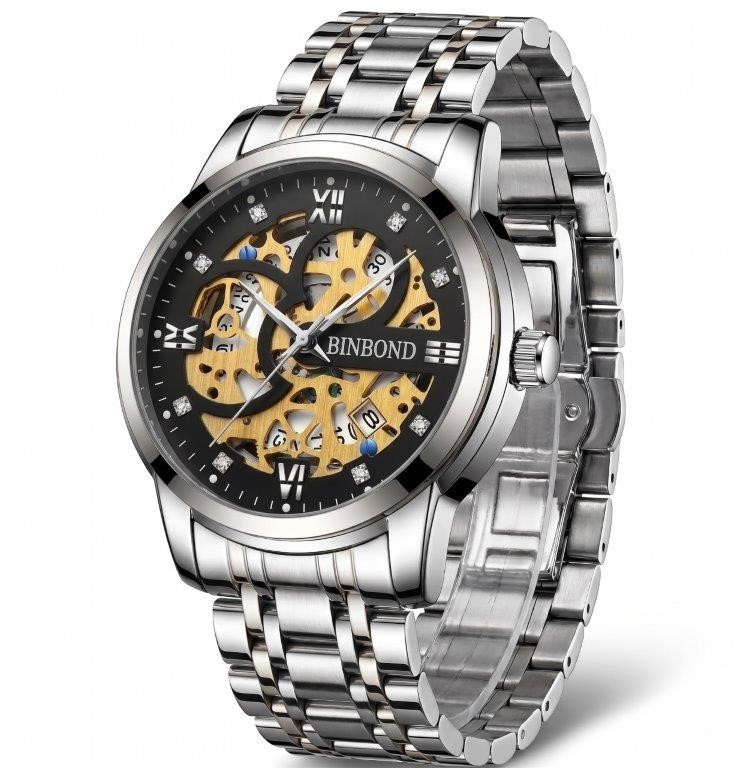 Jewelz Merchants Men’s Luxury Silver & Gold Skeleton-Style Waterproof Watch