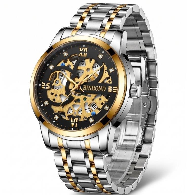 Jewelz Merchants Men’s Luxury Two-Tone Gold & Silver Skeleton-Style Watch