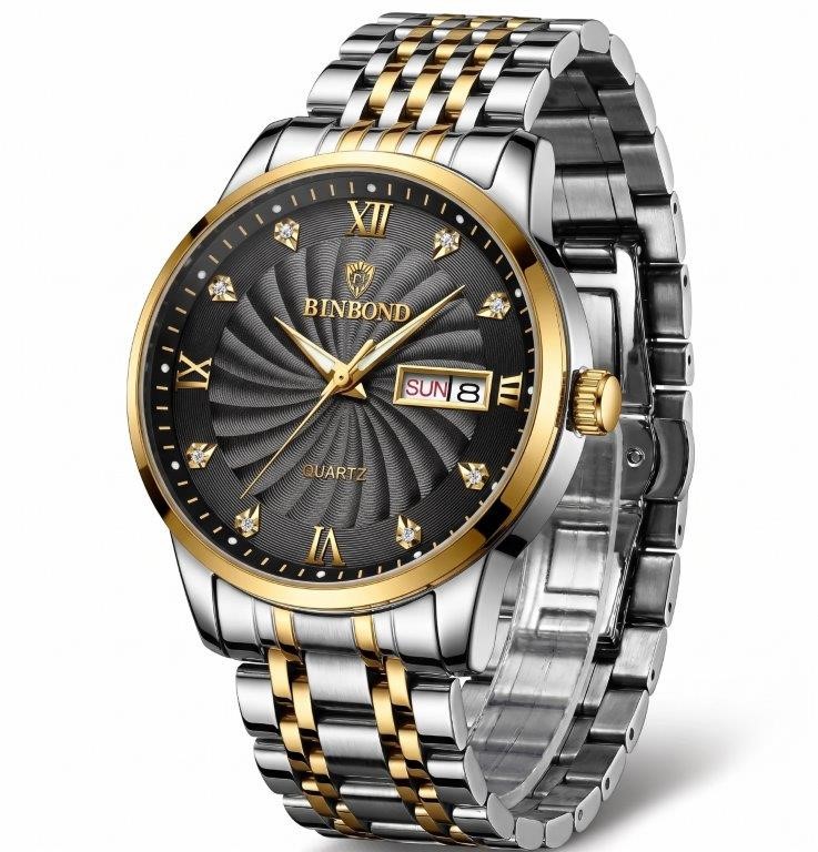 JewelzMerchants Men’s Luxury Gold-Tone Black Dial Day-Date Waterproof Watch