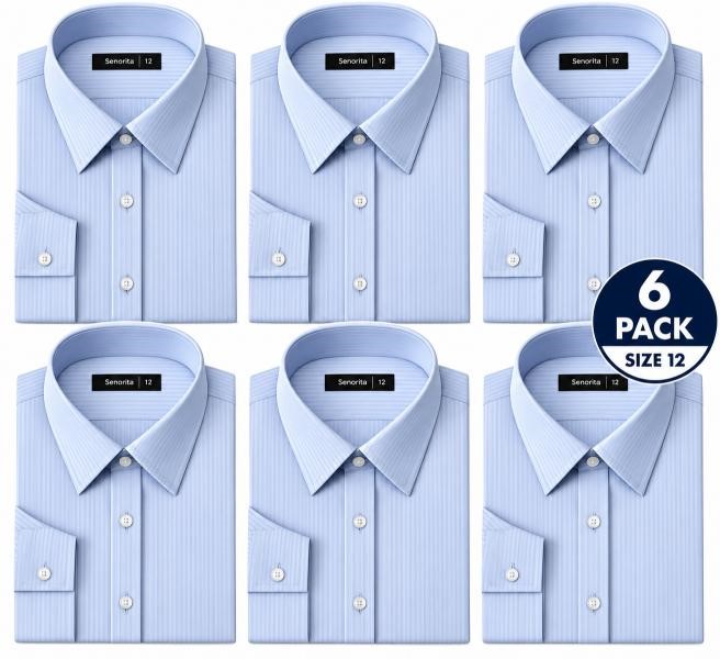 6 PACK Ladies Long Sleeve Business Shirt, Blue Stripe, Size 12