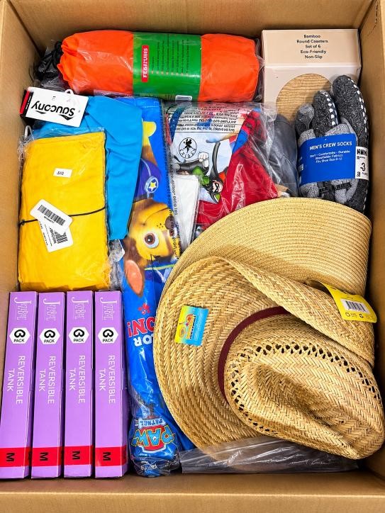 Assorted mixed box of clothing and accessories, including straw hats, rever