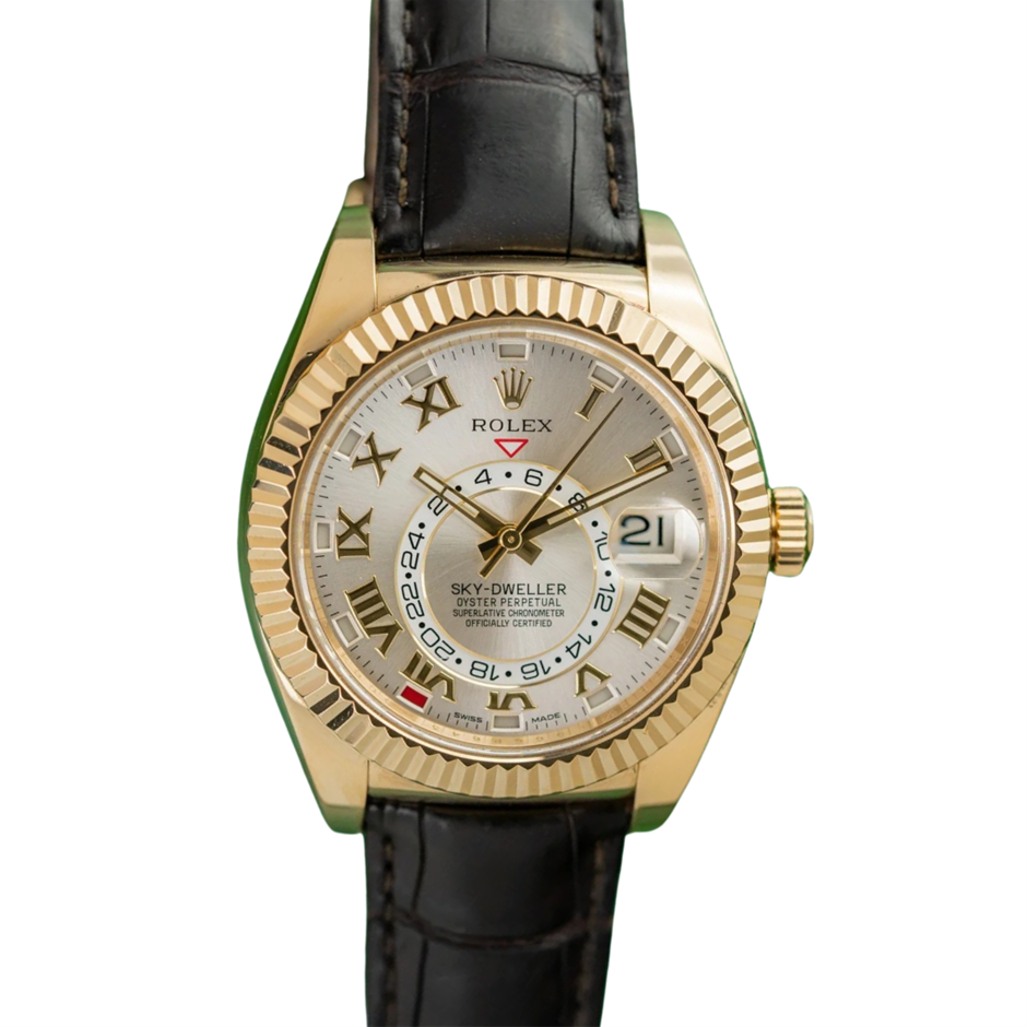 ROLEX SKY-DWELLER AUTOMATIC 42MM 18K YELLOW GOLD SILVER SUNRAY DIAL BXP COA