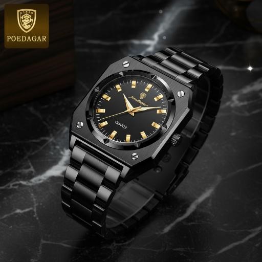 POEDAGAR Men's Black Octagonal Quartz Watch with Gift Box