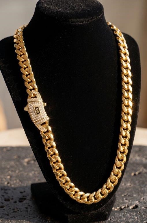 14K-Stamped Yellow Gold Bonded Cuban Miami Chain -50cm-10mm-Bonus Gift