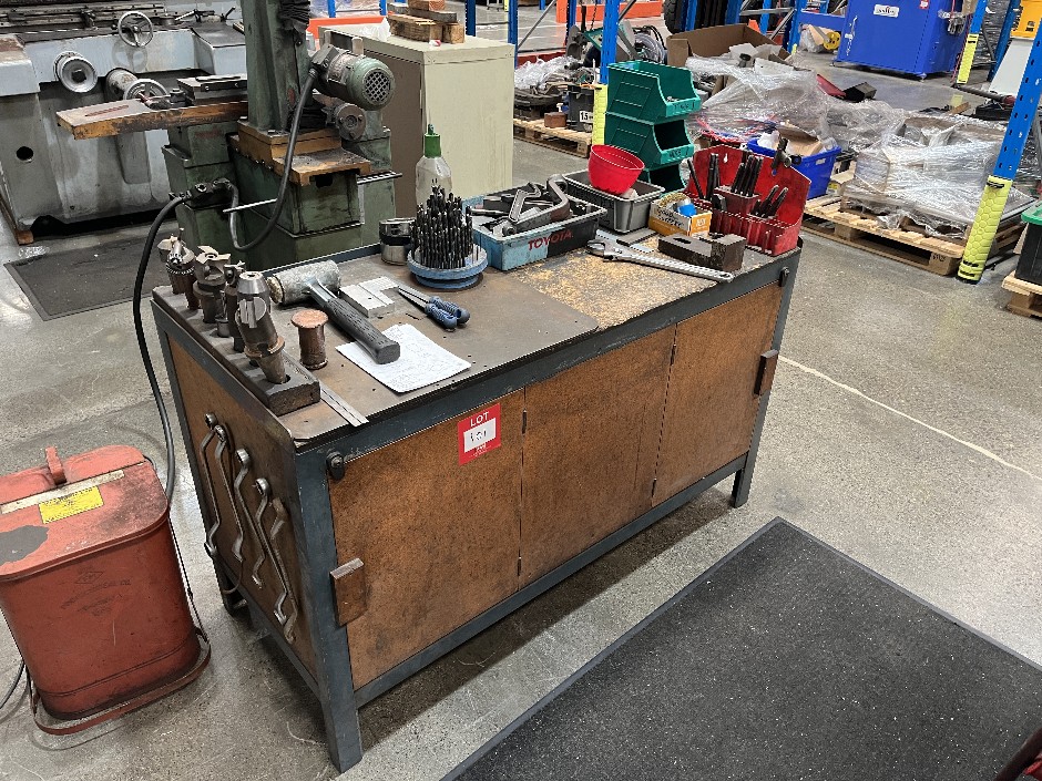 Steel Workbench Including Drill Bits and Various Tools