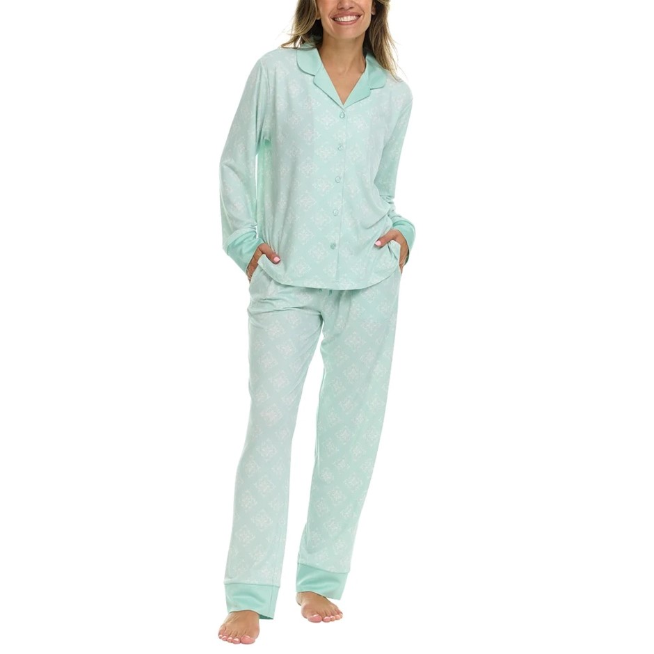 FLORA NIKROOZ Women's Satin Trim PJ Set, Size XL, Green.