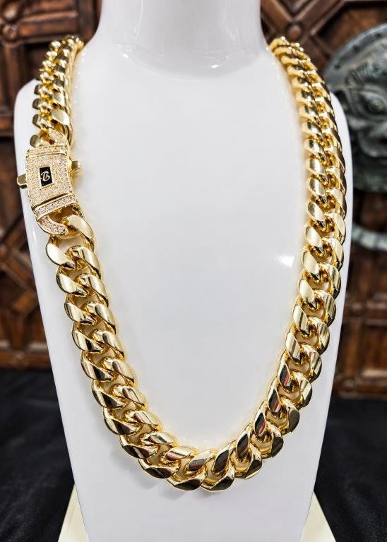 18K/Italy Triple Solid Yellow Gold Plated Cuban Chain -55cm-14mm