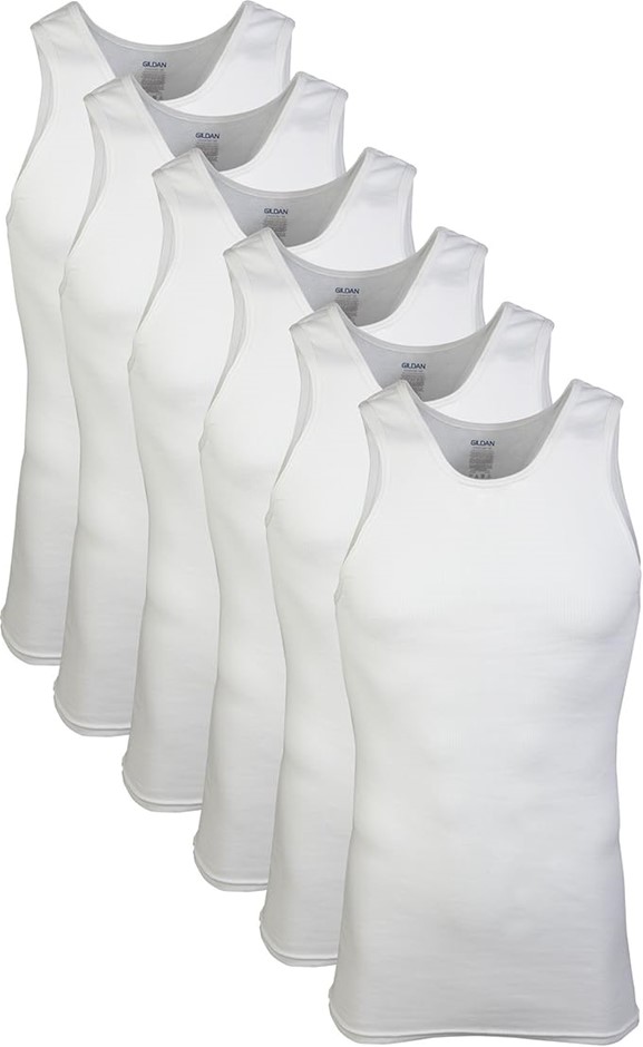 6-Pack GILDAN Men's Tank A-Shirts, Size M (38"-40"), 100% Cotton, White. B