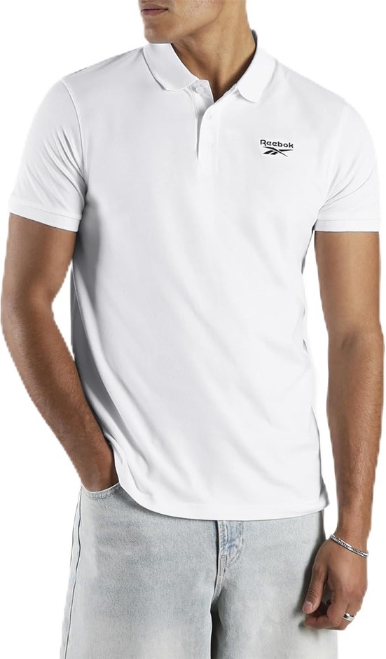 REEBOK Men's Embroidered Short Sleeve Polo Shirt, Medium, White, 100239700