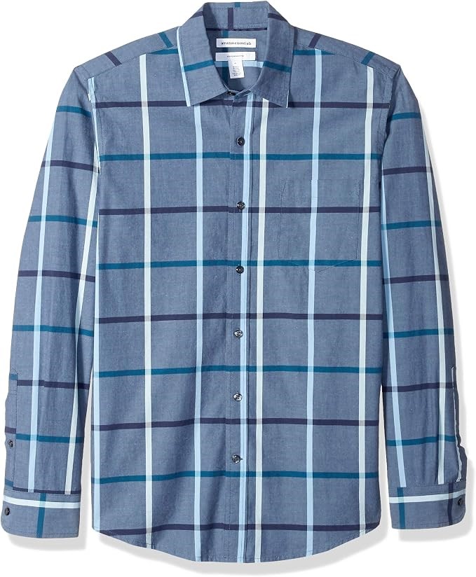 2 x AMAZON ESSENTIALS Men's Slim-Fit LS Poplin Shirt, Size L, Denim Large P