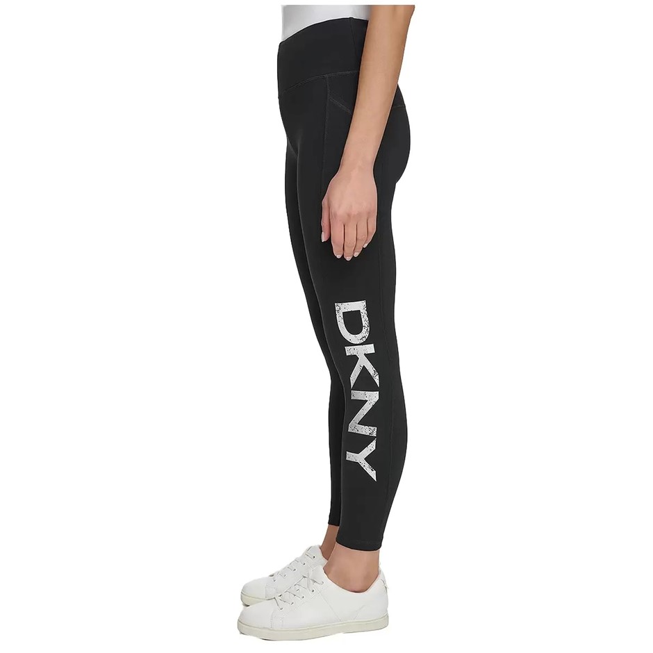 2 x DKNY Women's Logo Leggings, Size M, 90% Cotton, Black/Silver (BSV). Bu