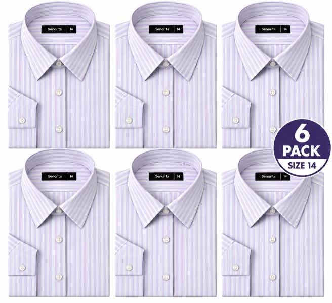 6 PACK Ladies Long Sleeve Business Shirt Lilac/White, Size 14