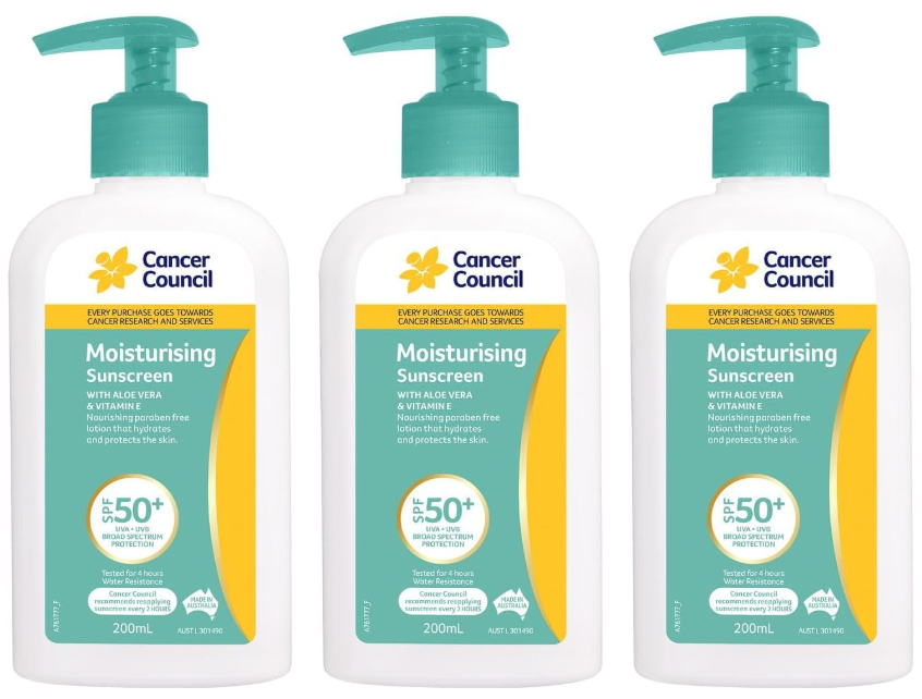 Cancer Council Moisturising Sunscreen SP50+ Daily Sunblock 200ml (Pack of 3