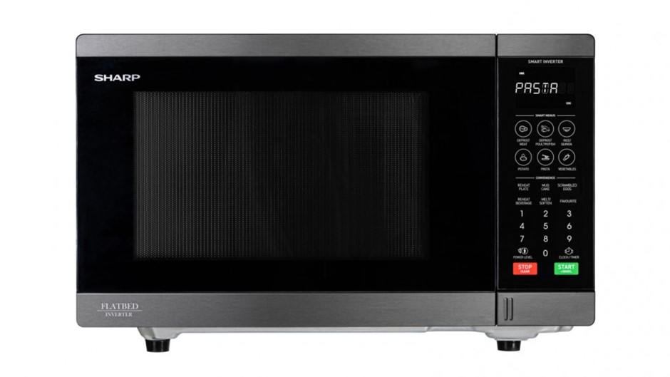 SHARP 32L Inverter Flatbed Microwave, Black Stainless. NB: no box, with den