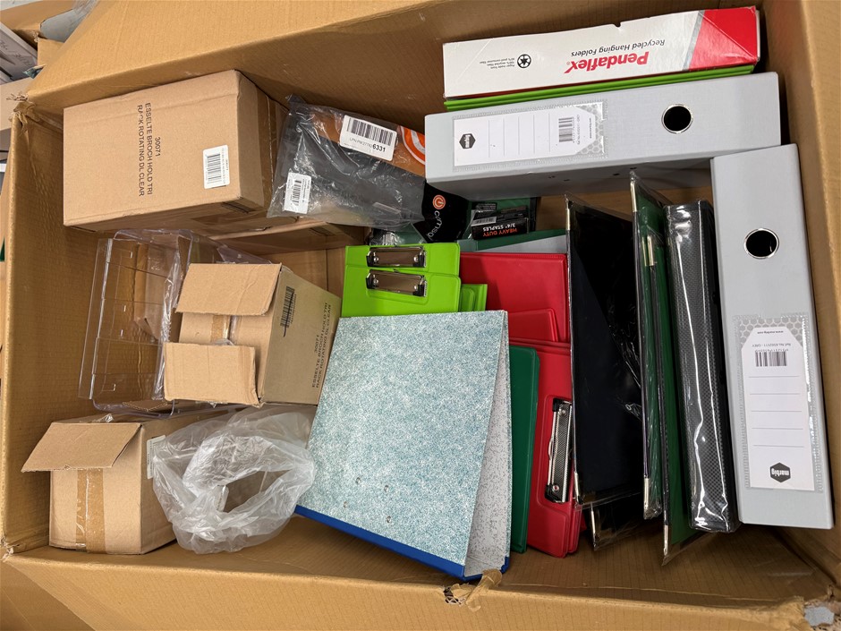 Assorted Box of Office Supplies incl: Binders, Clipboards, Organisers and m