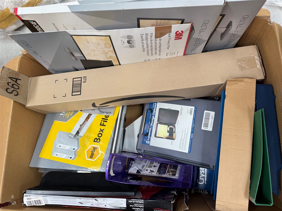 Assorted Box of Office Supplies incl: Box Files, Storage Clipboards, Monito