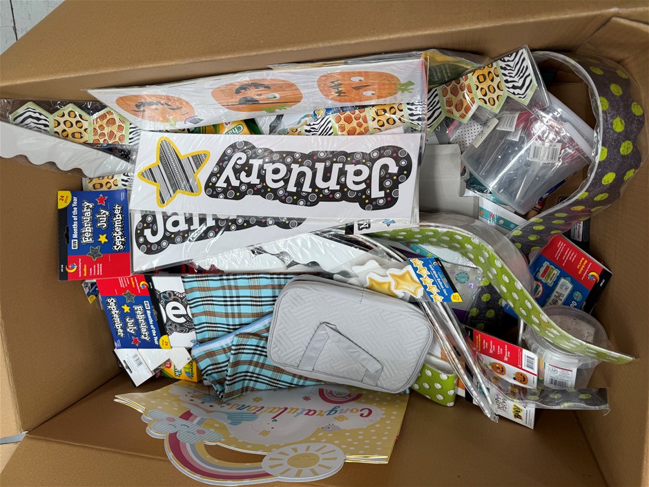Assorted Box of School Supplies incl: Stickers, Decorations and more.  NB: