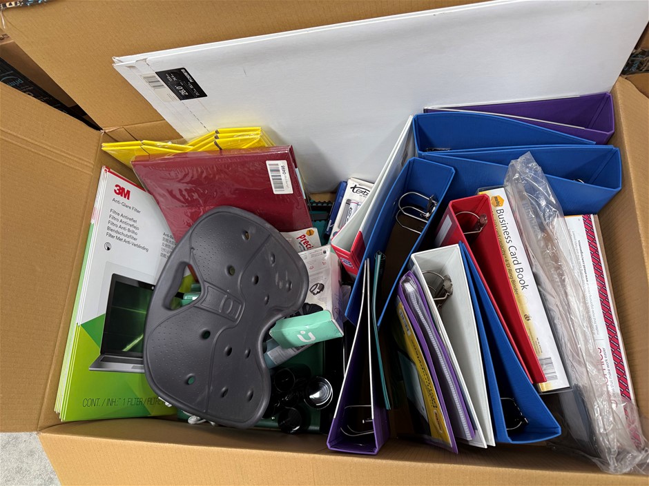 Assorted Box of Office Supplies incl: Binders, Business Card Books, Anti-Gl
