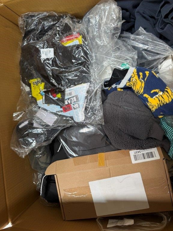 Assorted Box of Clothing including Jackets, Socks and more. NB: Items may
