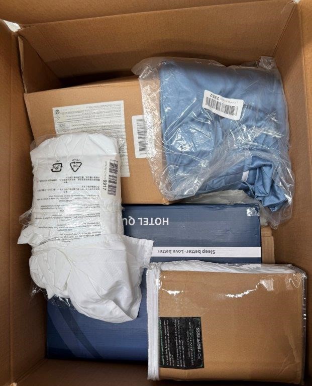 Assorted Box of Bedding incl: Sheets, Quilts and more. NB: Items may not b