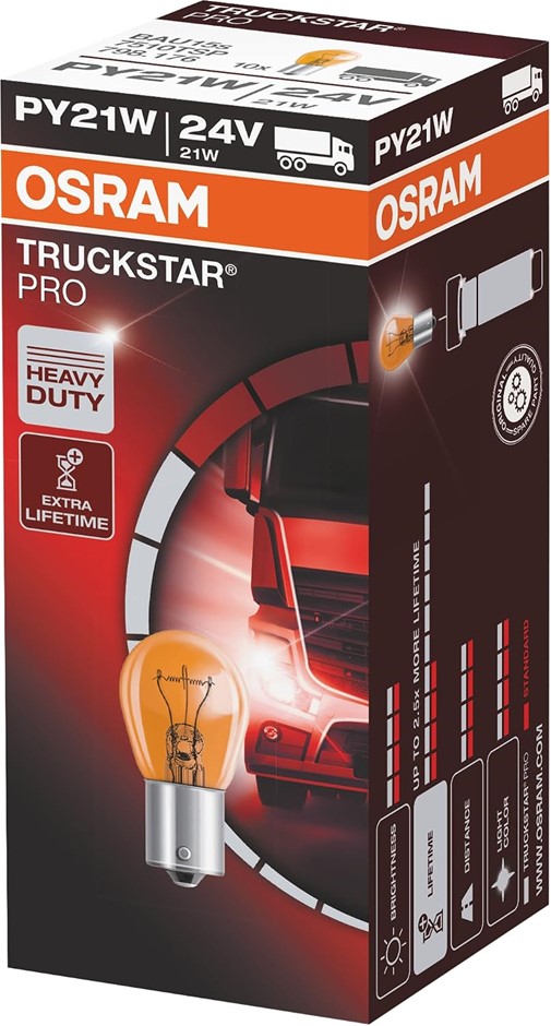 3 Packs of 10 x OSRAM TRUCKSTAR PRO PY21W, 24V Halogen Signal Lamp, Brake L