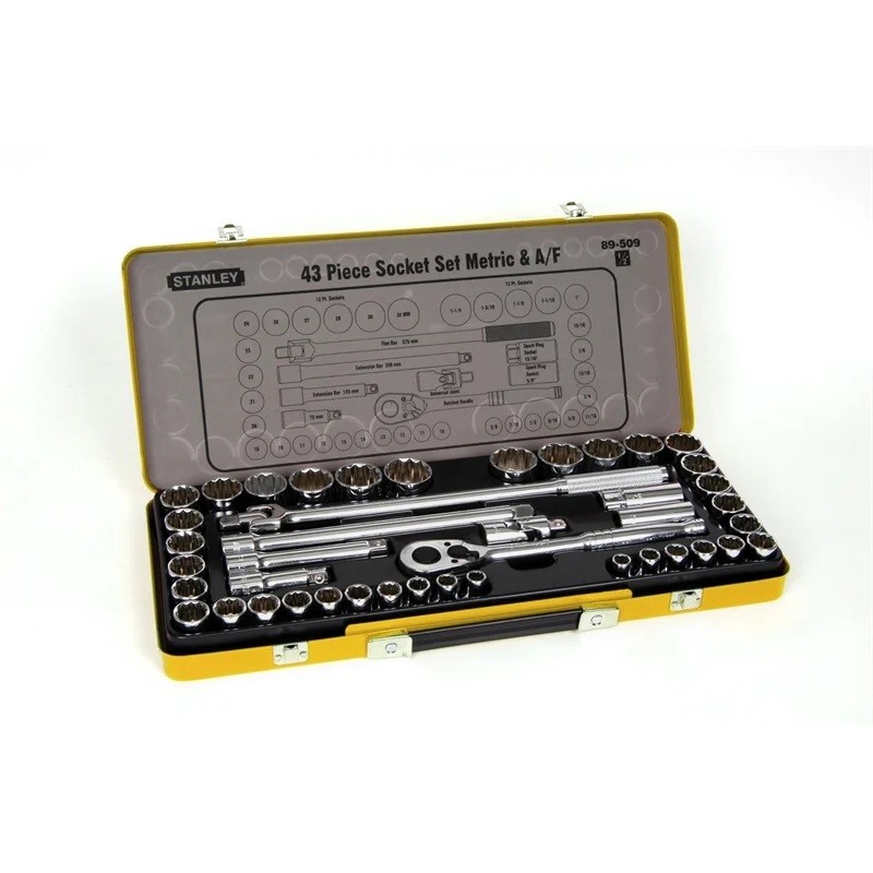 STANLEY 43 Piece 1/2" Drive Socket Set Metric & AF. NB: Ratchet broken & Mi
