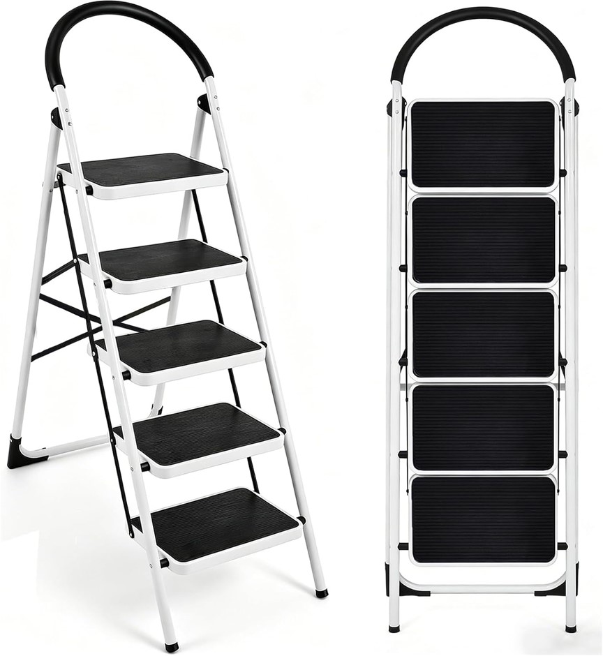 5 Step Ladders,550lbs Capacity, Foldable Carbon Steel Step Stepladder with