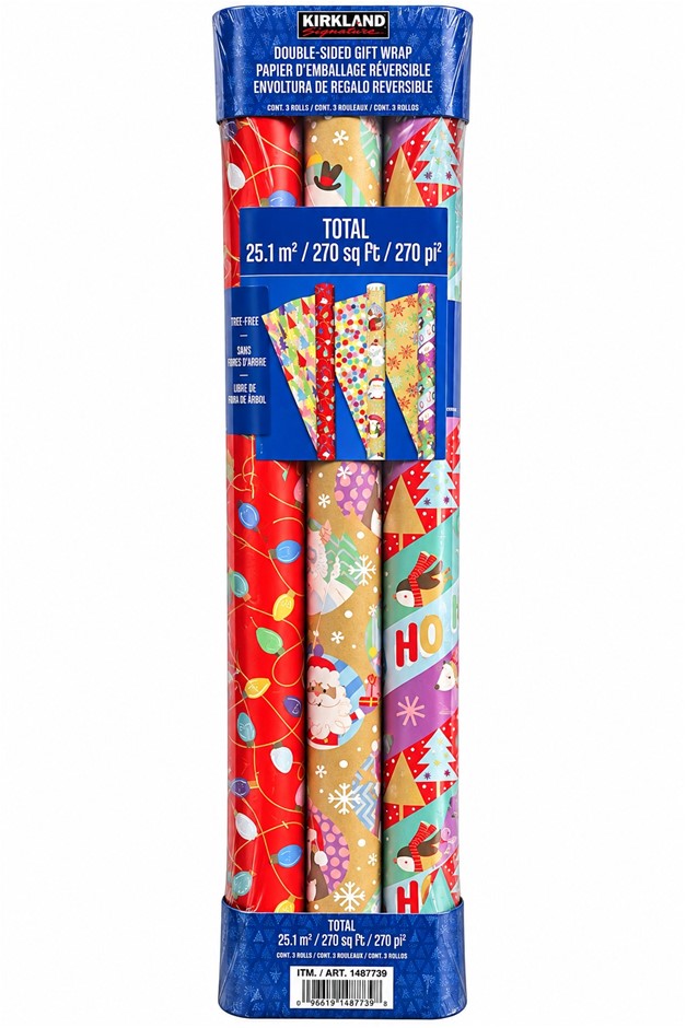 KIRKLAND SIGNATURE Double-Sided Gift Wrap – 3 Rolls, 25.1m² / 270 sq ft – R