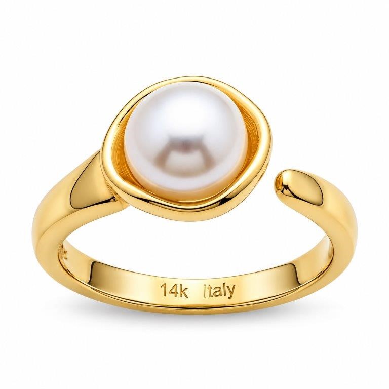 14K/Italy Stamped Yellow Gold Filled White Pearl Open Ring Bonus Gift8US