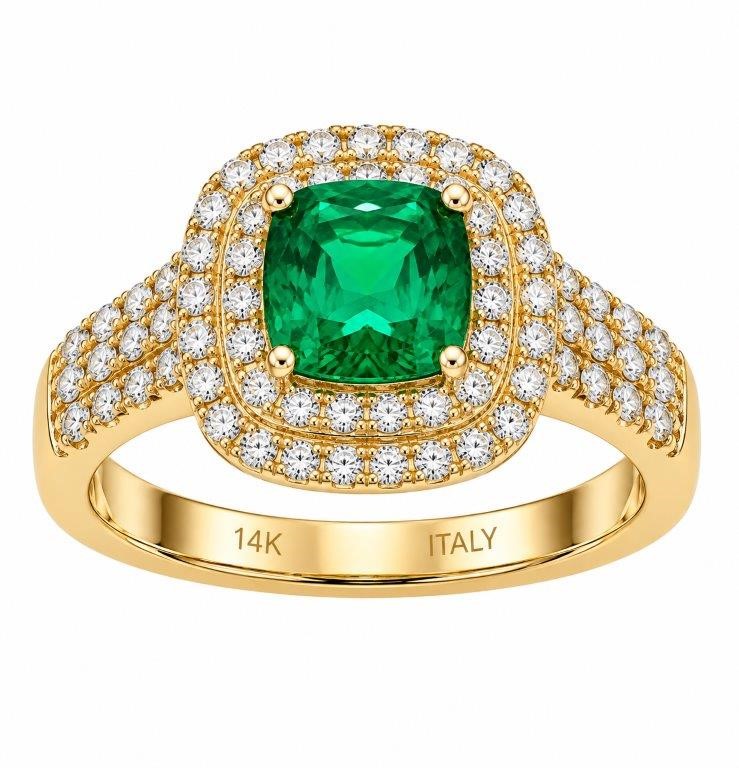 14K/Italy Stamped Yellow Gold 2.5CT Princess ct Green Double Halo Ring 7US
