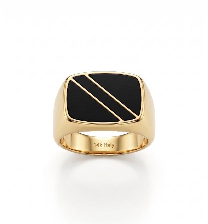 14K/Italy Stamped Yellow Gold Men’s Black Onyx Signet Ring- 11US-Bonus Gift