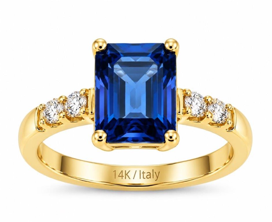 14K/Italy Stamped Yellow Gold  3.5ct Blue Emerald ct Ring-9 US-Bonus Gift