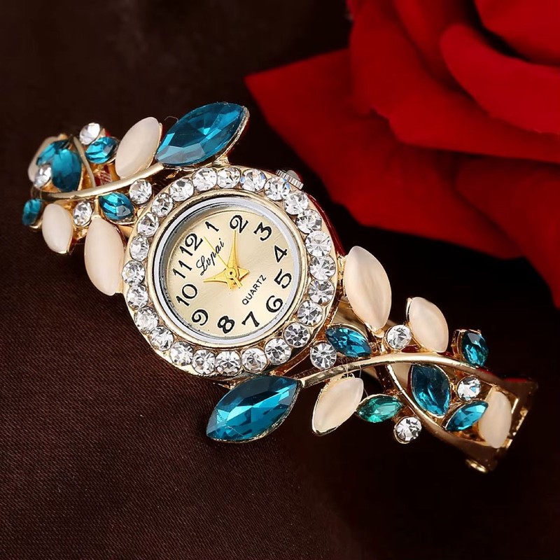 Luxury Crystal Flower Bracelet Wrist Watch, Blue