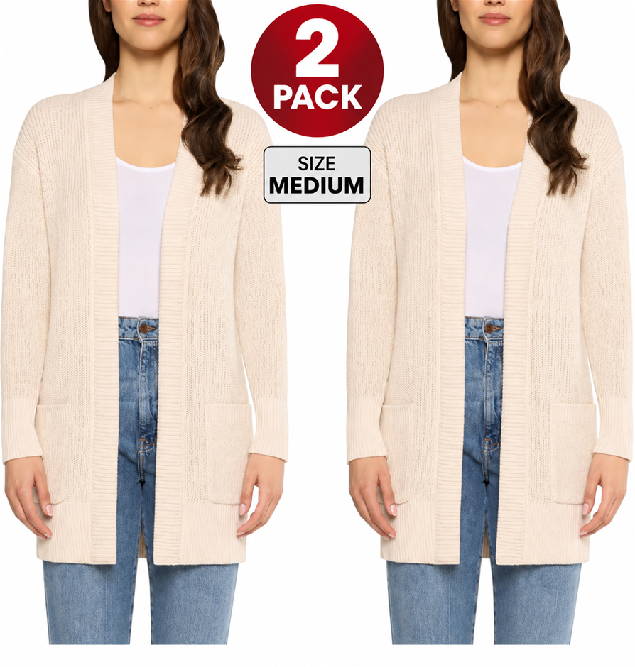 2 PACK MAX&MIA Easy Cotton Cardigan, Size Medium, 100% Cotton, Natural.