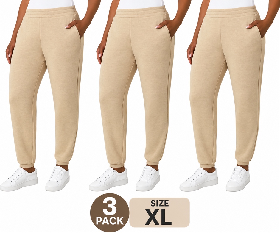 3 PACK MONDETTA Heathered Fleece Jogger, Size XL, Irish Cream.