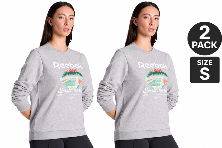 2 PACK REEBOK Women's Court Sport FT Crew Sweatshirt, Medium Grey Heather,